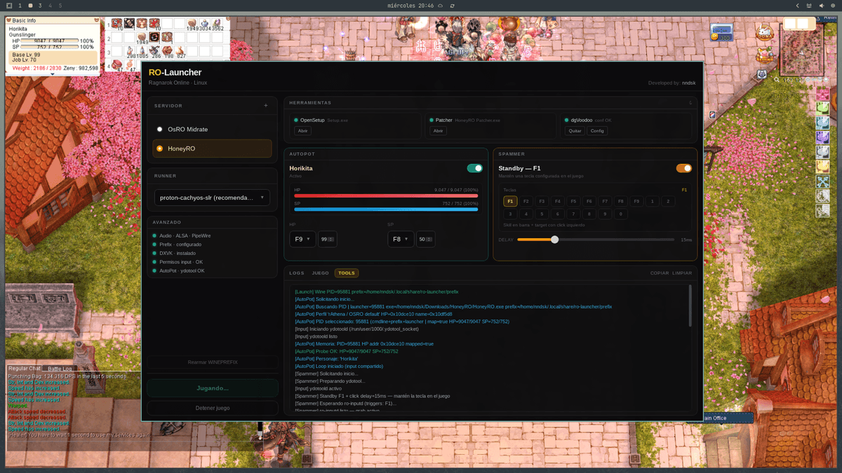 nndsk-ro-launcher superpuesto sobre el cliente de Ragnarok Online en Linux, con AutoPot activo